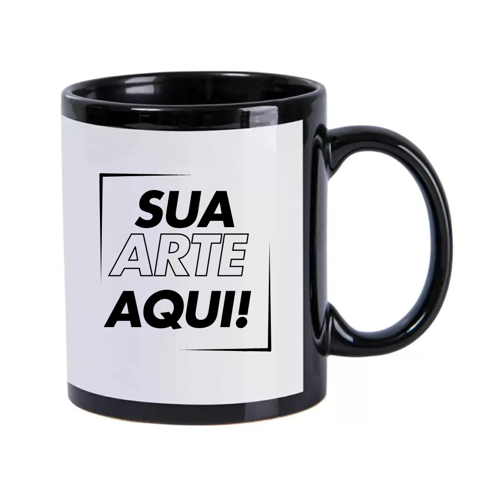 Caneca Cerâmica Preta com Tarja Branca 325ml